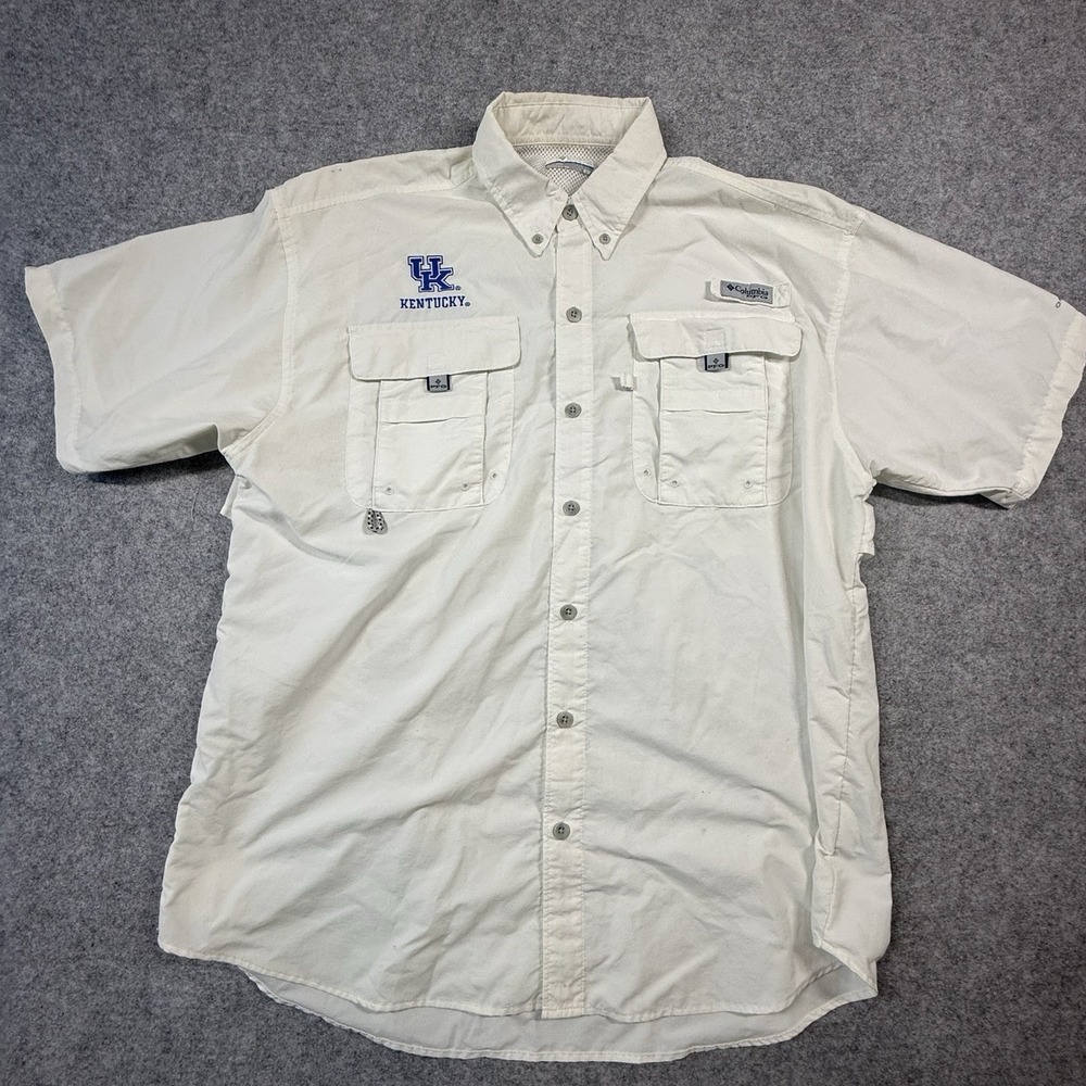 Columbia Mens M White Short Sleeve Button-Down Fishing Shirt Pockets XM7248